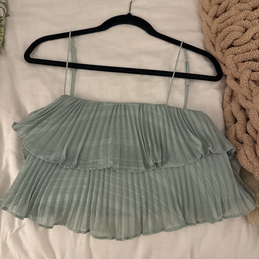 Keepsake Pleated Ruffle Spaghetti Strap Top - Sage